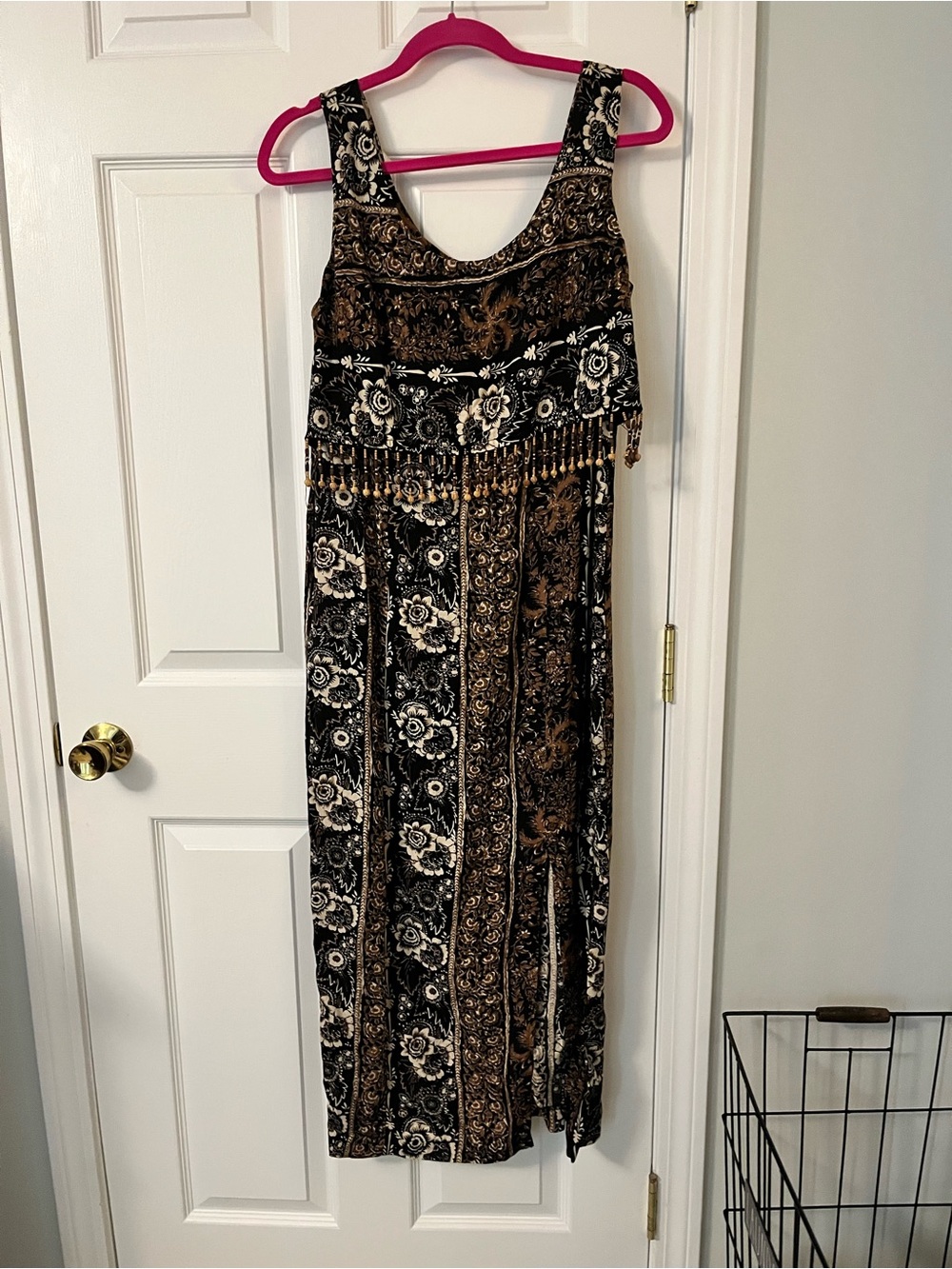 All That Jazz Black and Brown Beaded Fringe Maxi Dress with Floral Motif